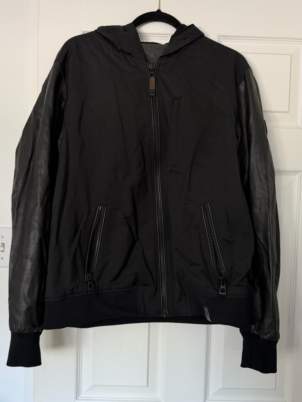 RUDSAK Men's Black Hooded Jacket with Leather Sleeves XL